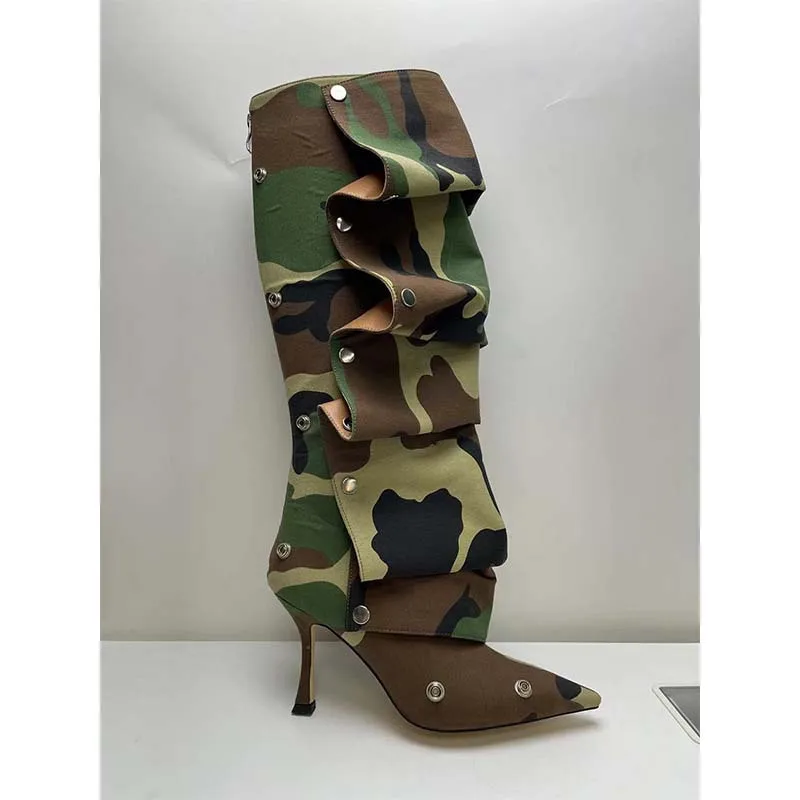 2024 Camouflage/red  Auto Show Model Boots Metal Button Spliced Leather Boots High Heel  Knee High Barrel Women\'s Shoes 34-43