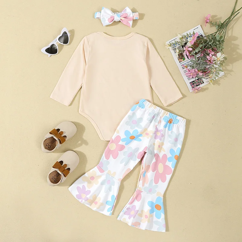 Baby Girls Floral Outfits Long Sleeve Romper + Bell Bottoms + Headband Set Newborn Clothes