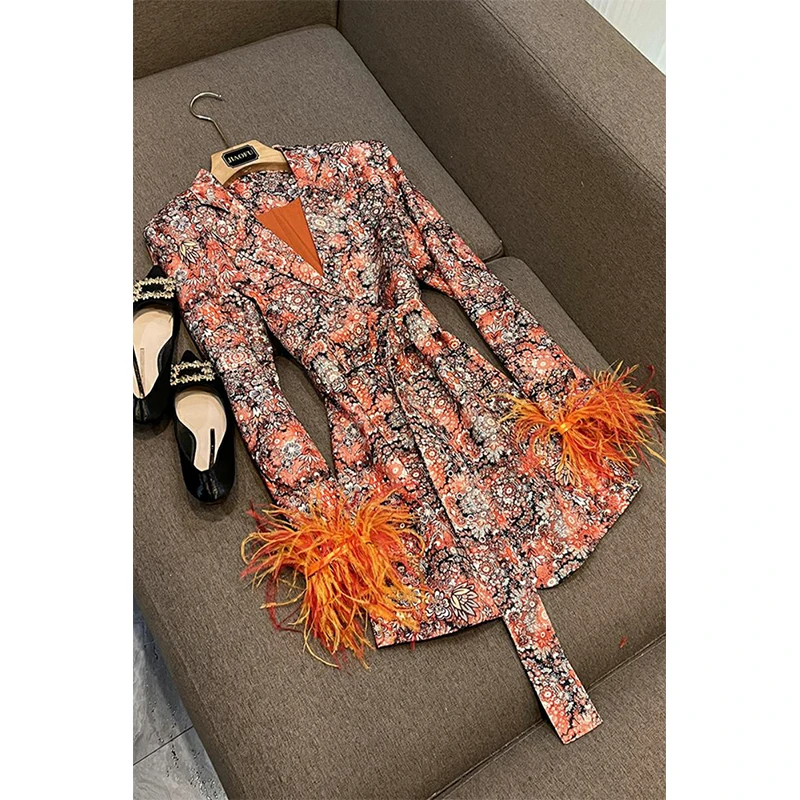 Fashion European & American High-end Women V-neck Floral Slim Dress with Decorative Feathers  Desined Printed Casual Dresses