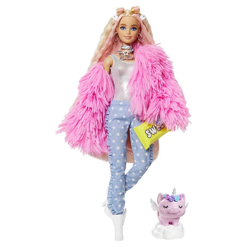 Barbie Extra Doll with Pink-Streaked Blonde Crimped Hair in Fluffy Pink Coat with Pet Unicorn-Pig Toy for Girls Gift GRN28