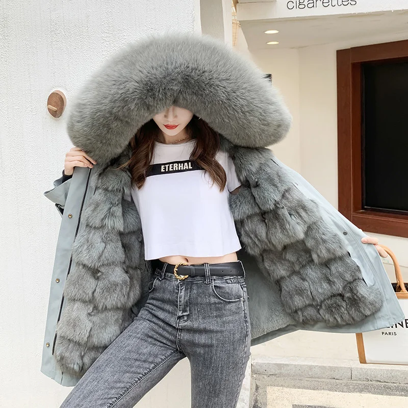 Jacket Winter 2023 Women Fashion Real Fur Coat Natural Fox Fur Collar Loose Detachable Rex Rabbit Fur Liner Parkas Outerwear