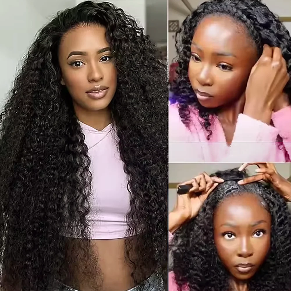 

Полупарик 3 в 1, бесшовные парики из натуральных волос на шнурке, плотность 200, вьющийся парик с повязкой на голову, обновление для женщин, летние машинные парики