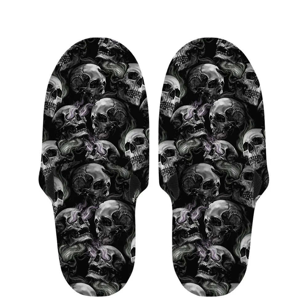 

WHEREISART Classic Sugar Skull Printed Women Men's Non-slip Slippers Winter Warm Plush Cotton Slides Home Indoor Bedroom Shoes