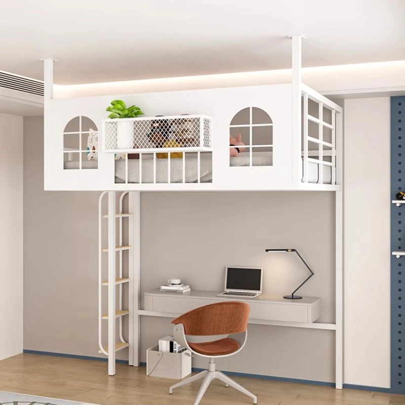 Modern wrought iron loft bed space-saving elevated bed floor empty simple small apartment wall-mounted bed frame empty
