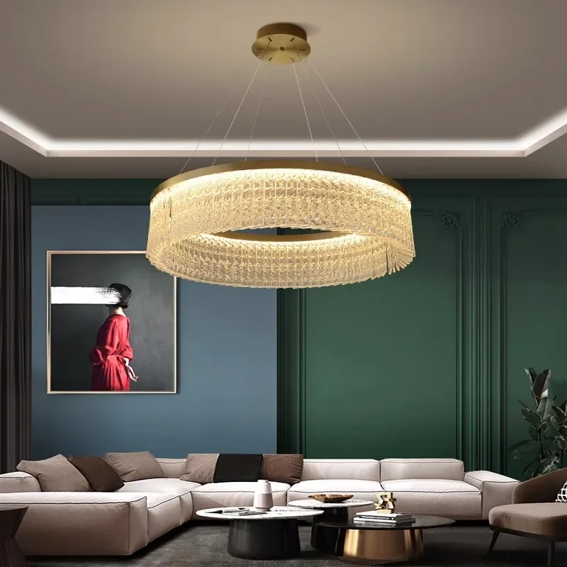 

Nordic Minimalist Crystal Led Ceiling Chandelier for Living Dining Table Room Hollow Circular Ring Art Luxurious Hanging Fixture