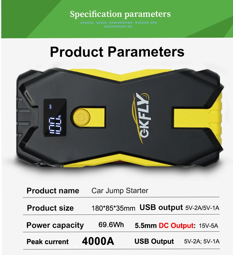 GKFLY 4000A Auto-Starthilfe, hohe Leistung, 69,6 Wh, Powerbank, Notstartgerät, tragbare Autobatterie-Booster, Busters – Detail 12