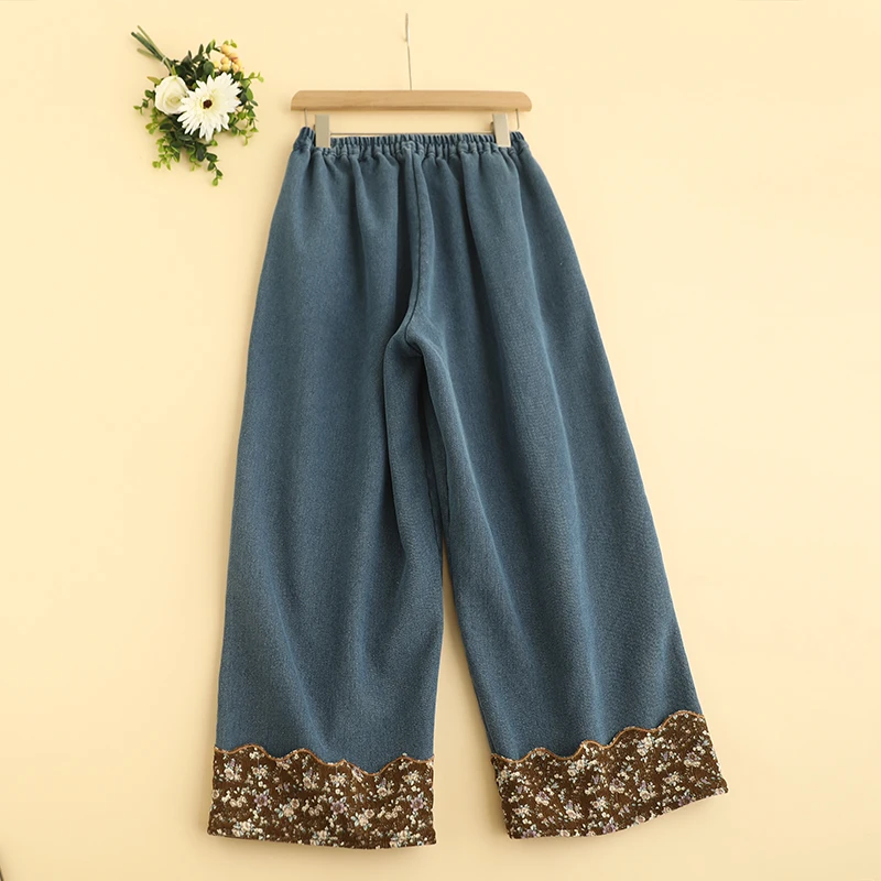 Otoño Invierno dulce Floral Denim pantalones de pierna ancha mujeres cintura elástica pantalones casuales de lana 824-900