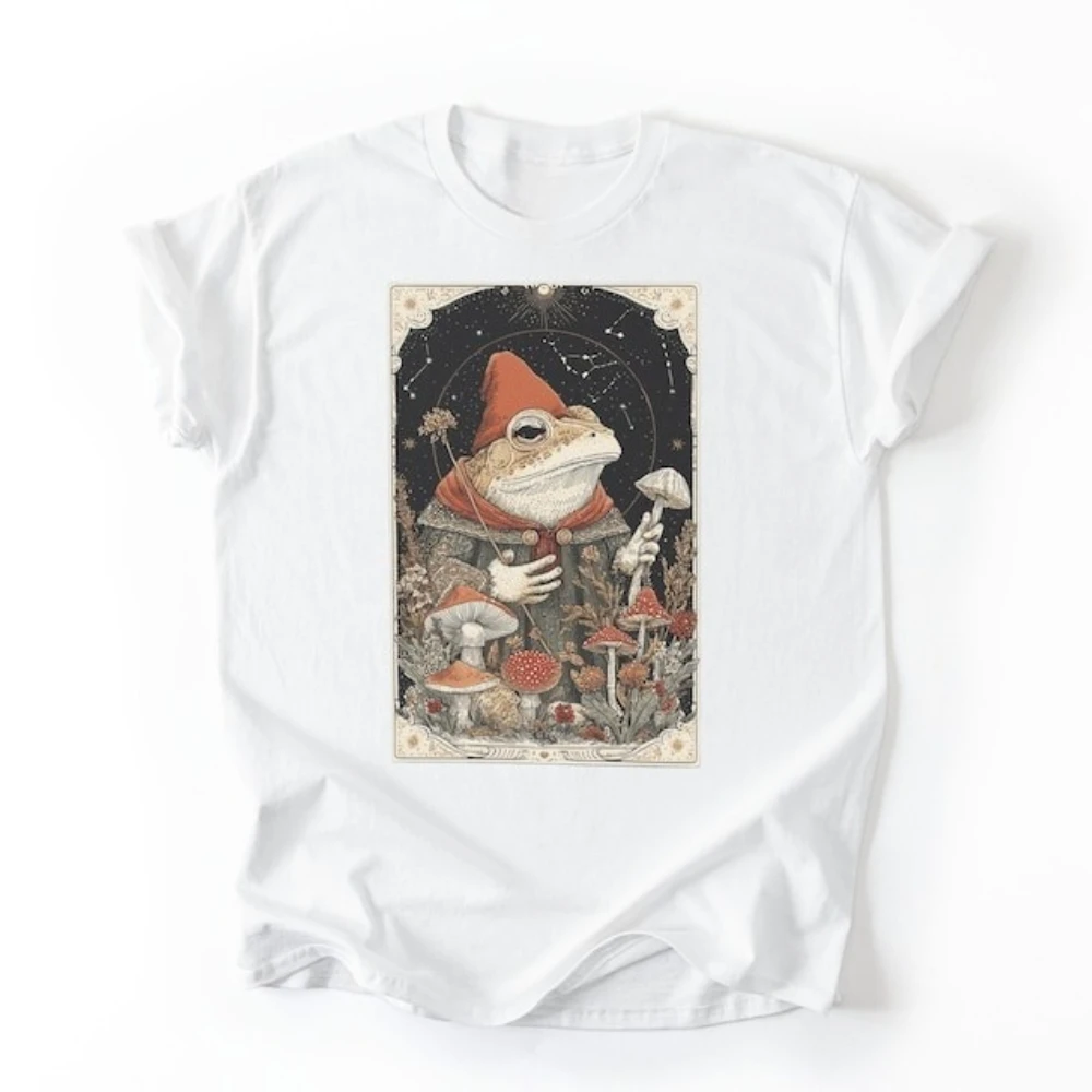 Frog Wizard and Mushroom Tarot T-Shirt Mystical Spirit Animal Print Shirt Creative Design Unisex Tshirt Men Women Vintage Tee