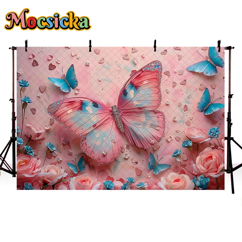 Mocsicka-خلفية تصوير للأطفال ، وردي ، أزرق ، فراشة ، سحق كعكة الأزهار ، ديكور بورتريه ، خلفية لاستوديو الصور