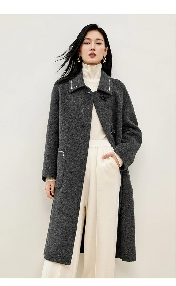 

SENTUBILA Korean Style 100% Wool Coat Women 2024 Winter Oversize Double Sided Turn Down Collar Big Pockets Overcoat W44O56662