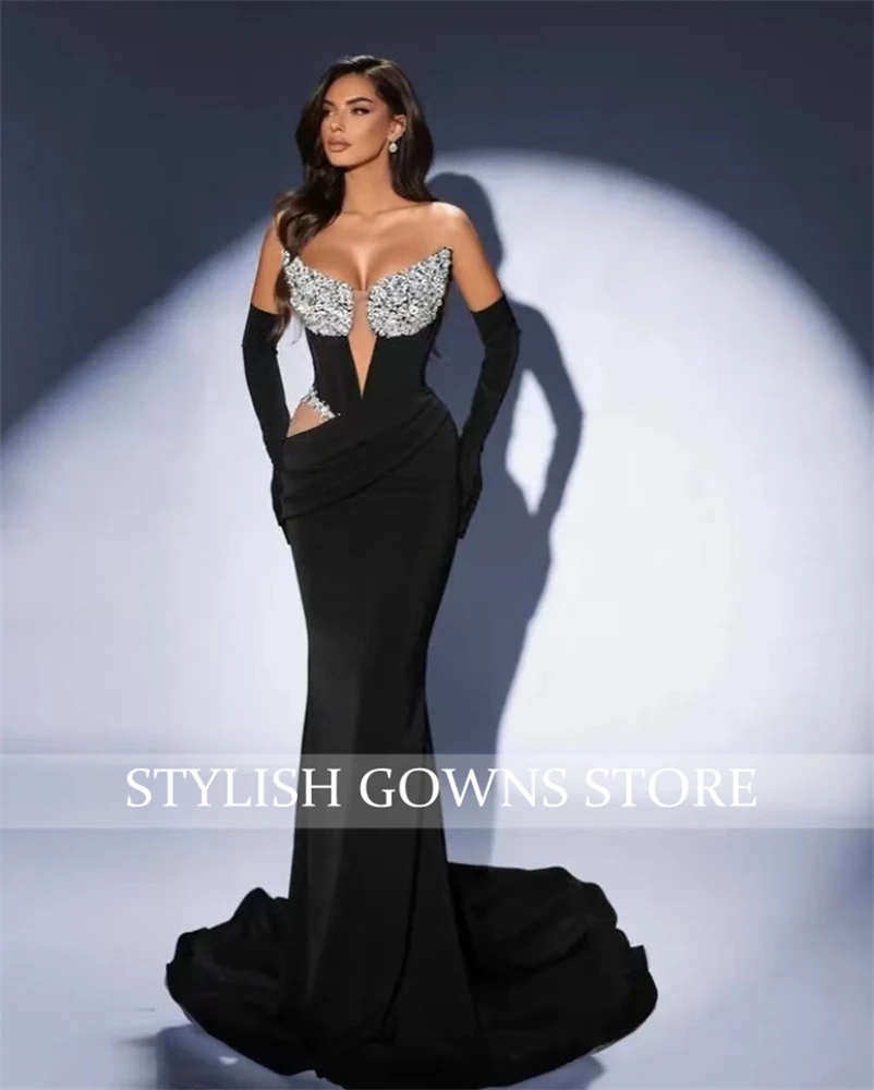 Sexy Black Sweetheart Evening Dresses Long Gloves Party Gowns Bead Crystal Mermaid Special Occasion Dress Customized