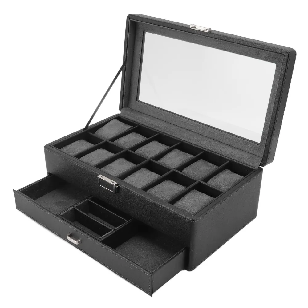 Multipurpose Black Watch Box Organizer PU Leather 33.5*19.5*12.5cm Watch Storage Box Watch Case Daily Use