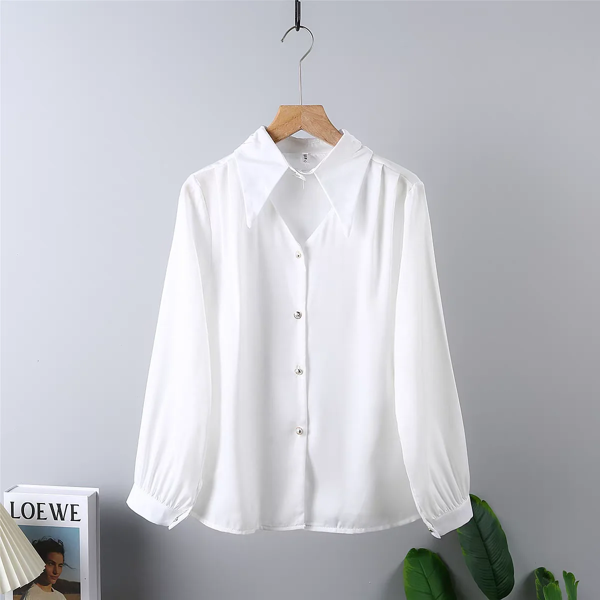 Women's White Satin Shirts Long Sleeve Large Collar V-Neck Button Up Regular Fit Elegant Trendy Ladies Work Wear Female Clothing