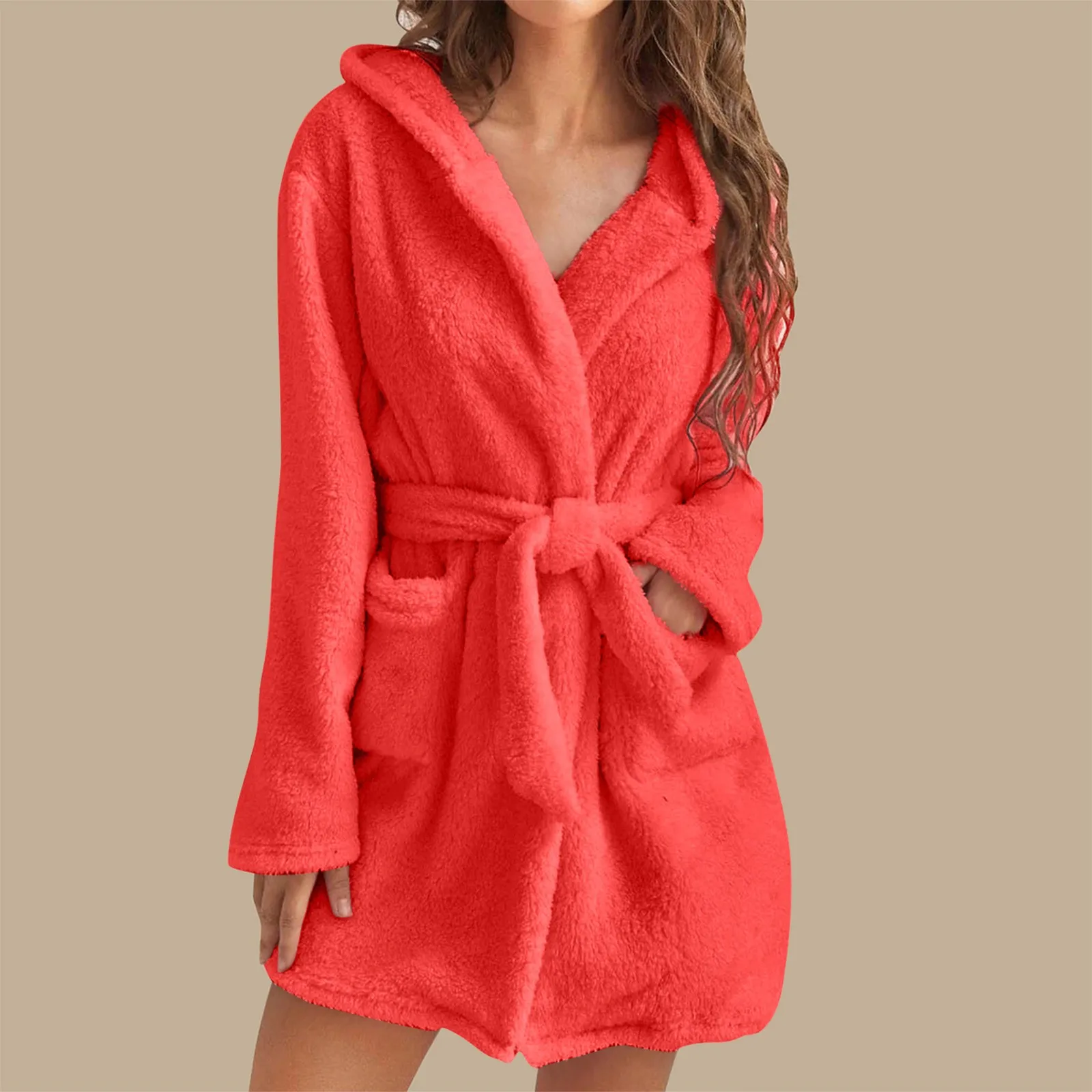 Women s Autumn Winter Plush Nightgown Solid Color Long Sleeve Hooded Sleepwear with Belt Bathrobe Female Home Clothing 2024