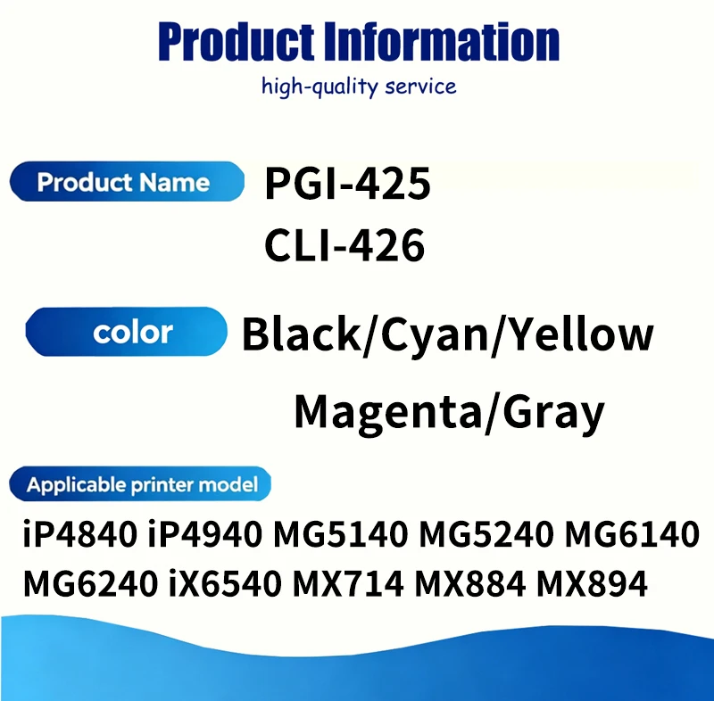 PGI-425 CLI-426 PGI425 CLI426 425XL 426XL Ink cartridge Compatible For Canon PIXMA IP4840 IP4940 IX6540 MG5140 5240 5340 Printer