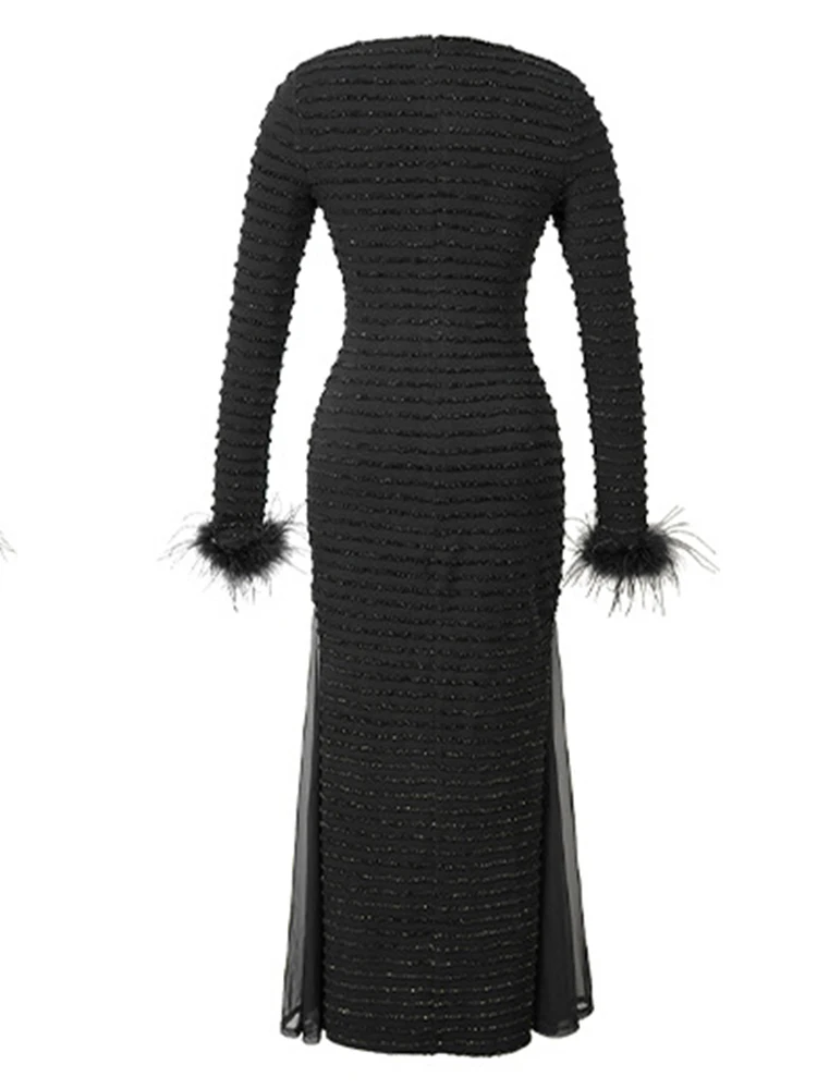 Women's Luxury Retro Prom Dress Elegant Black Elastic Fur Long Sleeve Chiffon Splice Fishtail Robe Lady Cocktail Party Vestidos