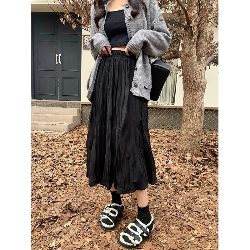 High Waist Pleated A-Line Midi Skirt for plus Size Women Comfortable Soft Polyester Fabric Slimming Hip Covering Half Body Skirt