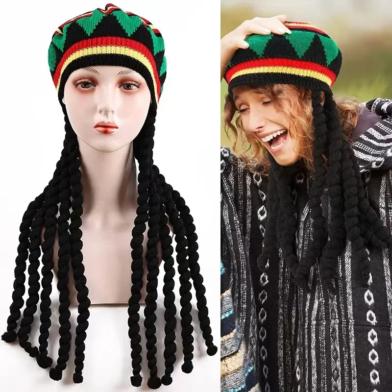 New Jamaica Bob Marley Rasta Beanie Halloween Decorative False Wig Braids Hat Wool Knitting Hat for Women Men Winter Warmer Cap