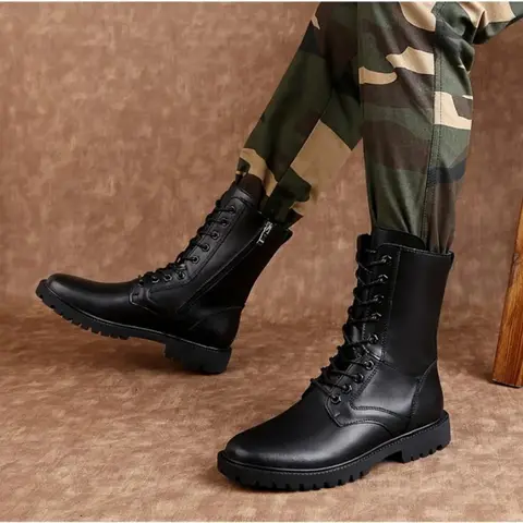 Men Mid Calf Leather Combat Boots Classic Lace Up Design Non Slip Lug Sole Fashion Autumn Winter Motorcycle Military Style Boots
