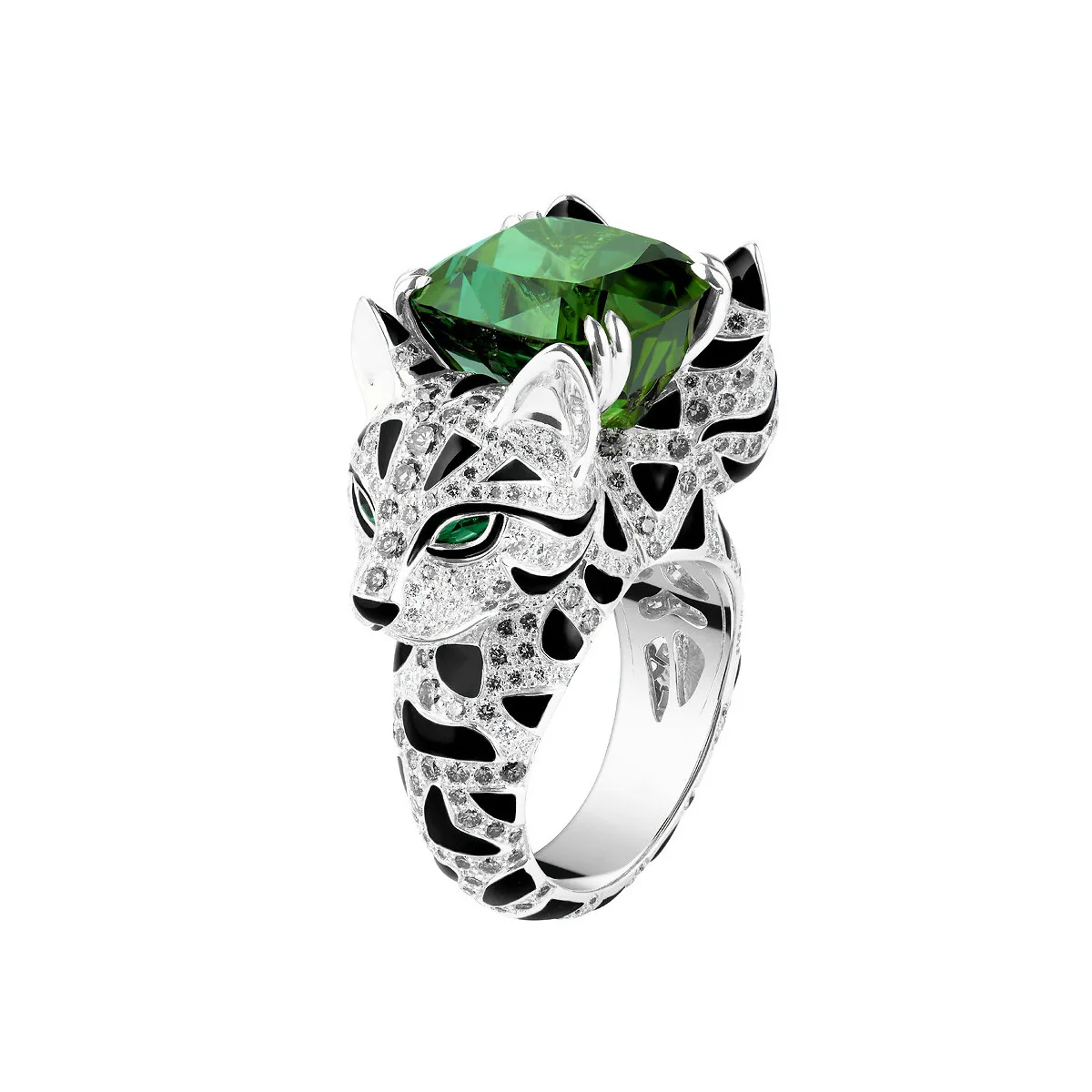 CMajor Sterling Silver S925 Jewelry High Carbon Diamond Green Tourmaline Enamel Bouble-headed Ocelot Cat Rings for Women