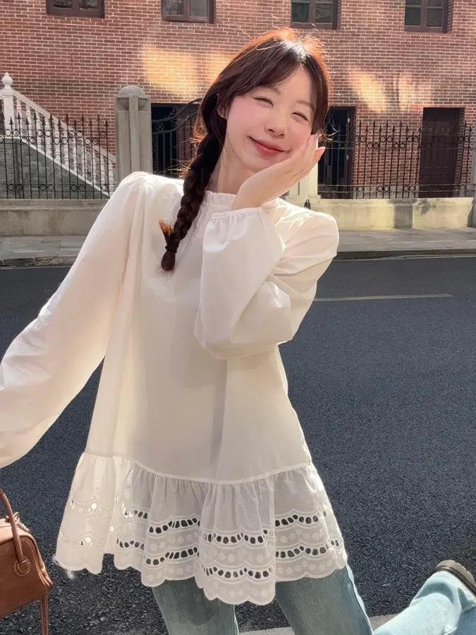 

Женская рубашка больших размеров с длинным рукавом, весенняя новинка, пуловер с круглым вырезом, модный дизайн, комбинированный топ, женская мода