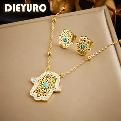 DIEYURO 316L Stainless Steel Golden Retro Hand Necklace Earrings Suit For Girl 2024 New Fashion Turquoise Jewelry Set Party Gift