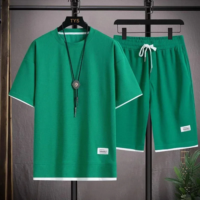 Men's T-shirt and shorts suit, wavy fabric casual sportswear, solid color, fashion wear, spring & Summer