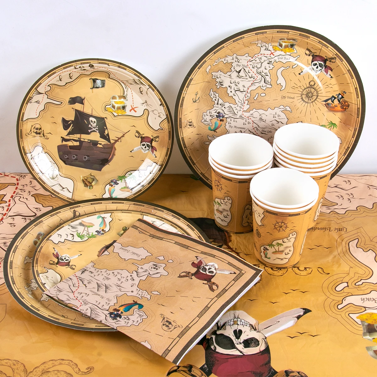 Pirate Theme Disposable Tableware Set Treasure Map Pirate Ship Skull Pattern Paper Plate Cup Napkin for Adventure Birthday Party