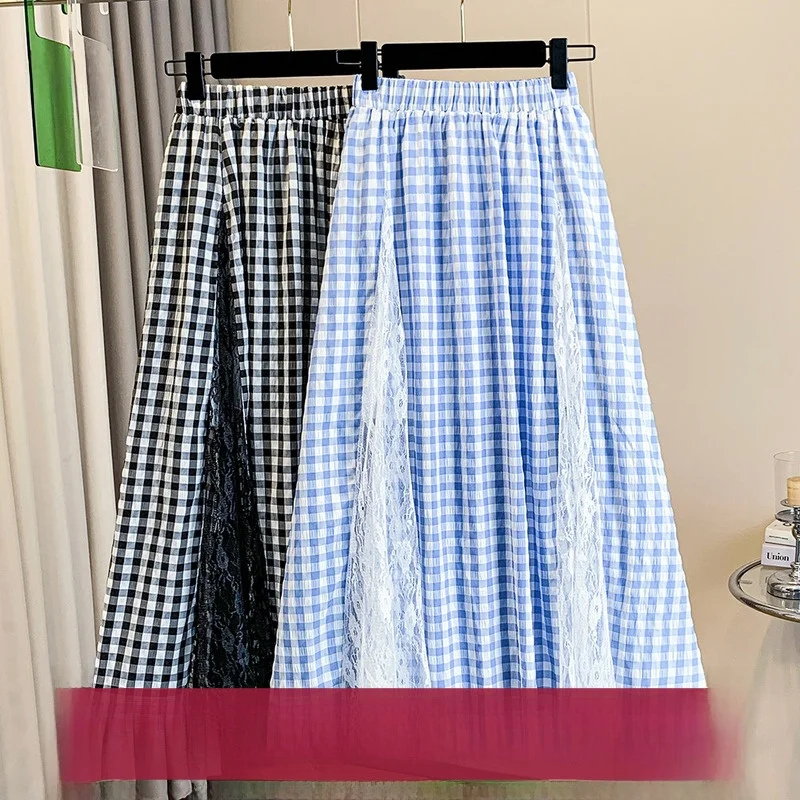 

Новая летняя женская юбка миди А-силуэта с высокой талией, синяя в клетку, с кружевом, асимметричная, повседневная, больших размеров, из смесового хлопка