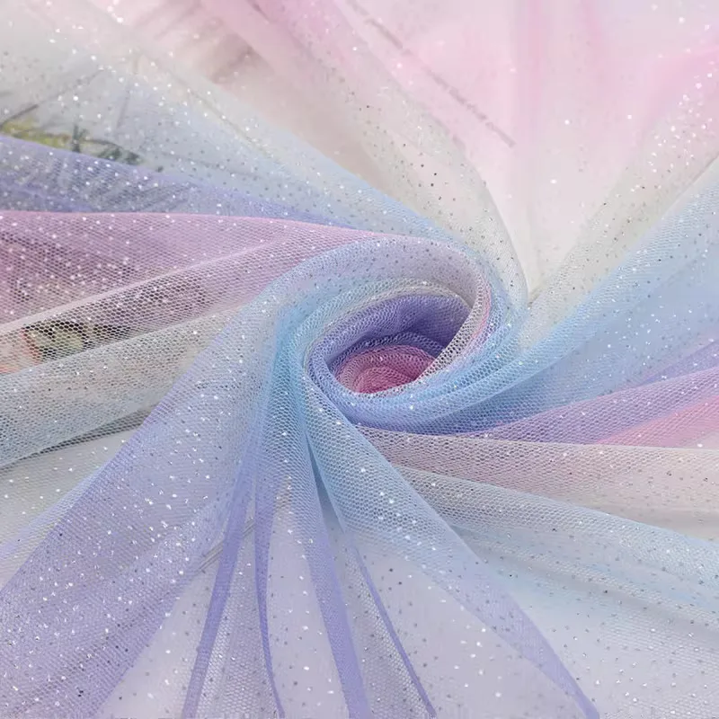 

5yard Rainbow gradient mesh tela Hot silver dots matirial fabric for dress Wedding Dress background decoration fabric