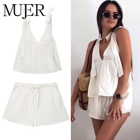MUJER White Mini Shorts Sets for Women 2 Pieces Ruched Mid Waist Women's Shorts Suit Backless Top Holiday Outfits Womens Sets