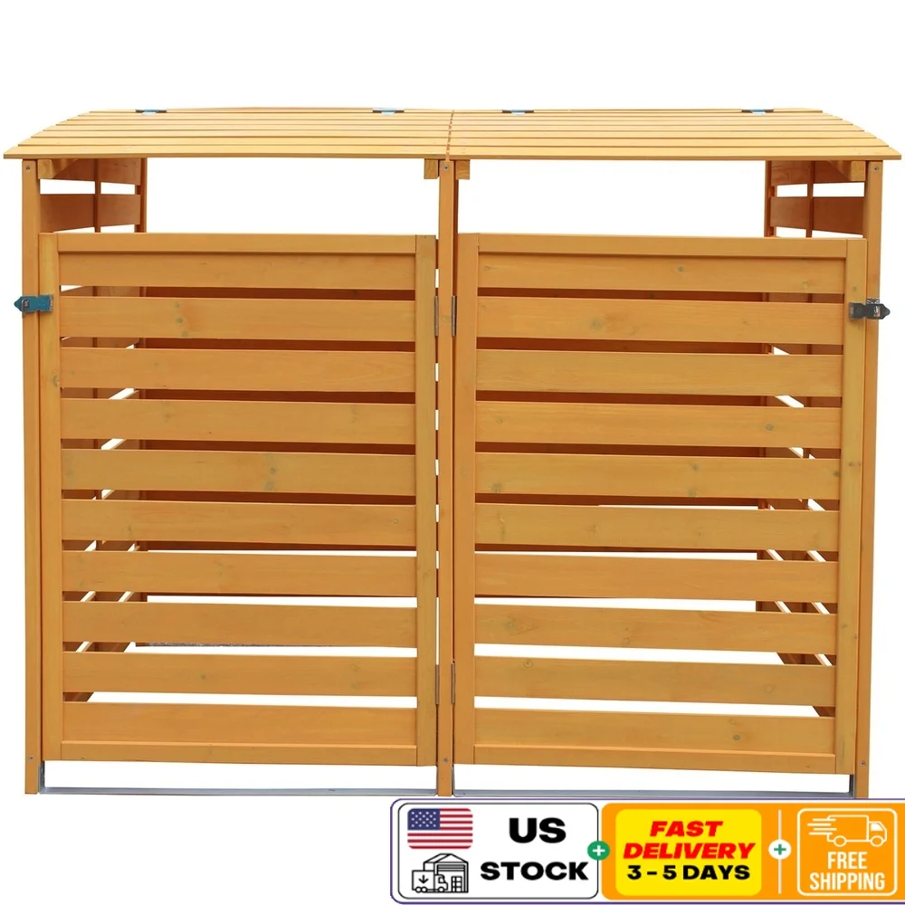 

Outdoor Wooden Trash Can Storage Shed Durable Recycling Bin Organizer with Locking Latch and Double Doors Easy Access Design