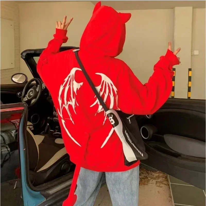 

Women's Gothic Zipper Oversized Hoodie Y2k Streetwear Tail Hoodies Black Detachable Tail Harajuku Devil Horn Sweatshirts Coat