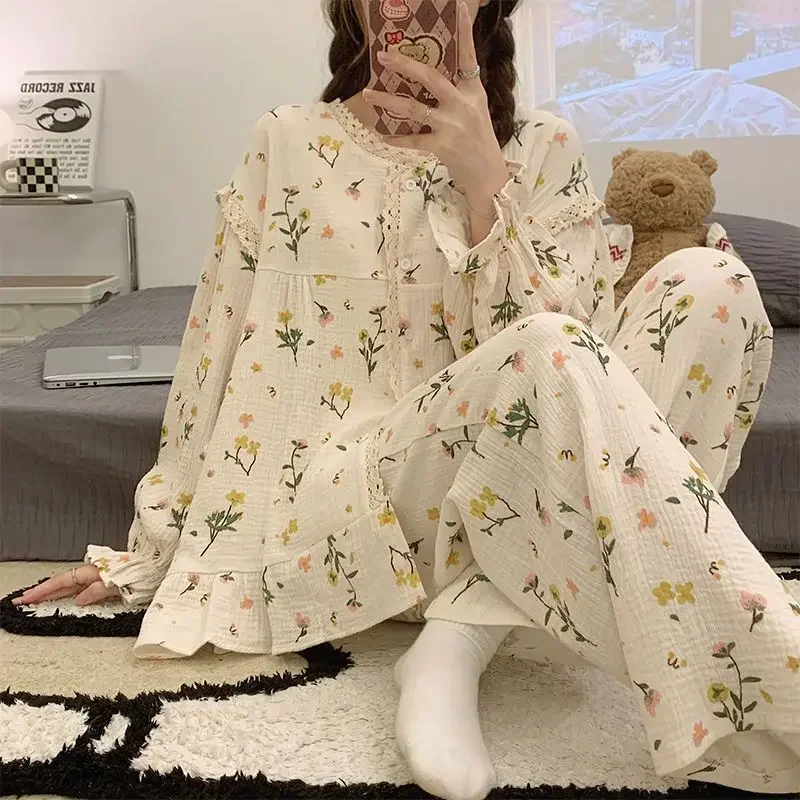 

Pajama Sets Women Long Sleeve Spring Home Sleepwear Floral Lovely Loose Comfortable Tender Korean Style Students Popular Lace