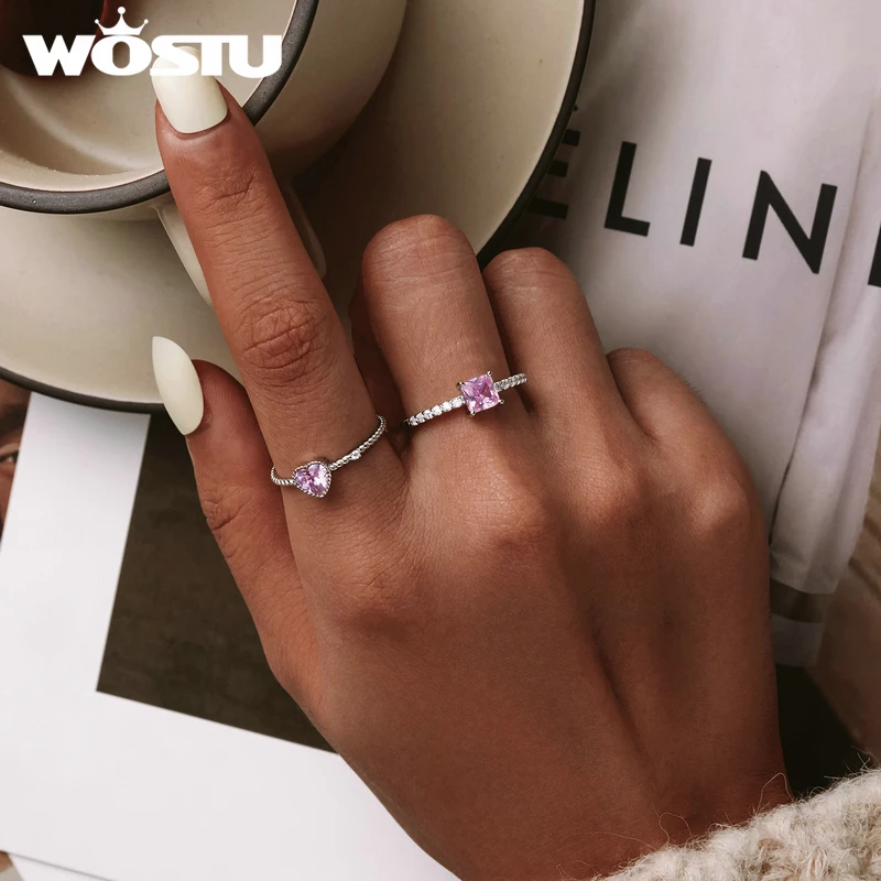 WOSTU 925 Sterling Silver Cross Love Heart Band Rings For Women s925 Black Rose Red Pink CZ Jewelry Wedding Accessories Gift