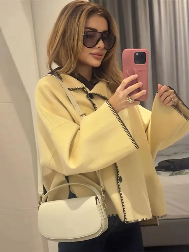 

Women Oversized Turtleneck Jacket Long Sleeve Coat High Street Fashion Loose Casual Outerwear Autumn Warm Contrast Design