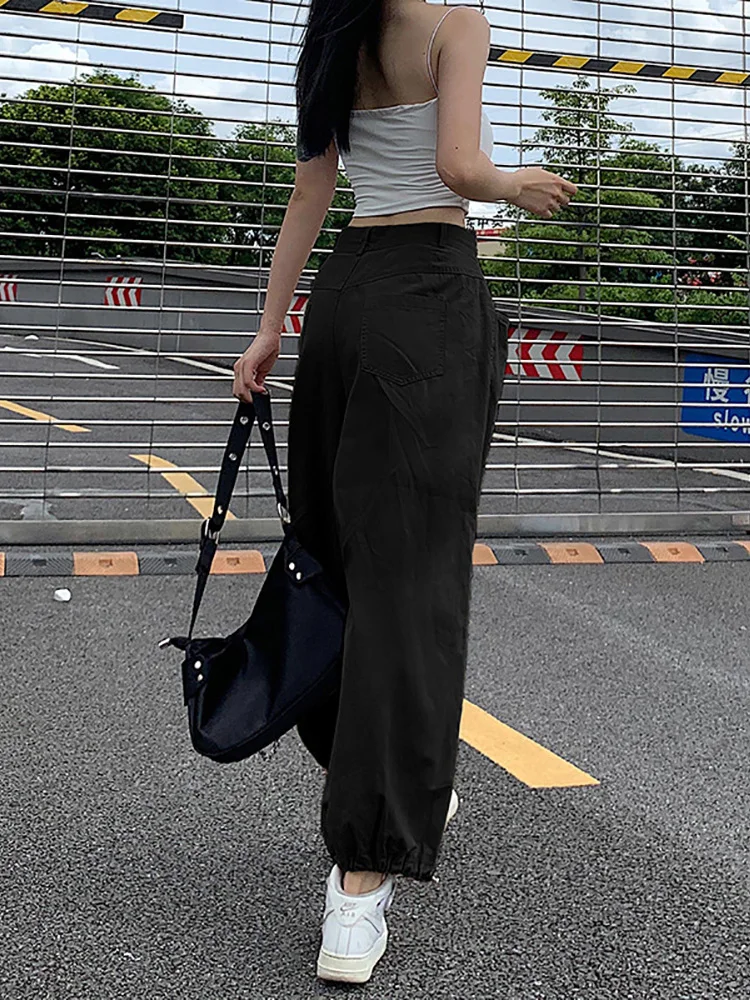 ALLNeon Y2K Fashion Khaki Oversized Cargo Pants Hip Hop Style Loosed Adjustable Waist Drawstring Long Pant Streetwear 90s Autumn