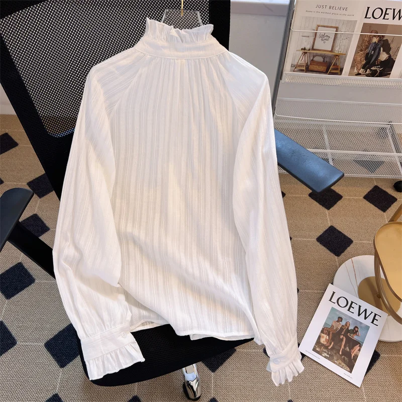Women\'s Ruffled Blouse Autumn Simple White Long Sleeve Lotus Leaf Collar Casual Shirt Inner Bottoming Top Sweet Ladies Blouses