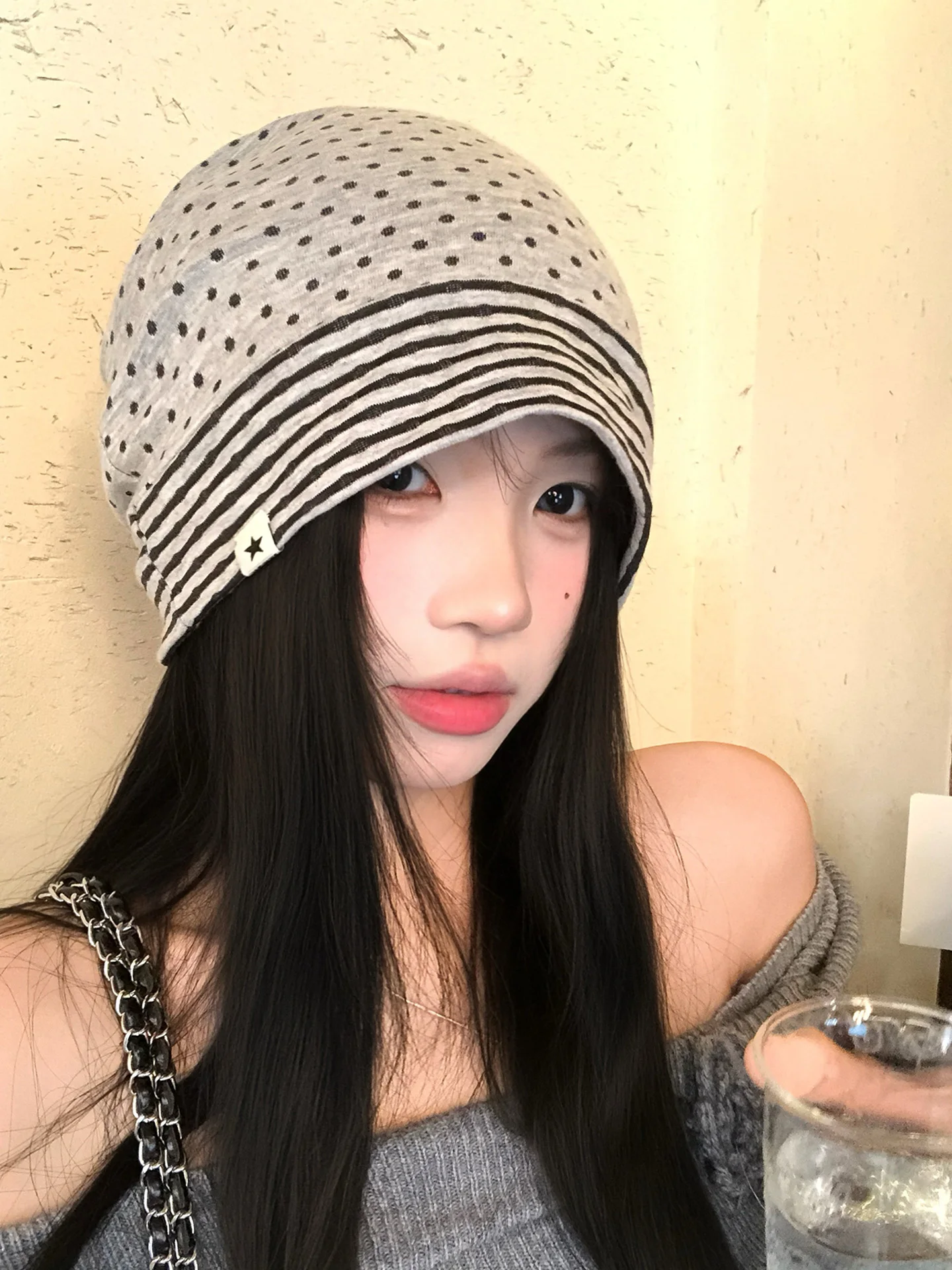 Retro Korean Polka Dot Stripe Splicing Hair Cap Women's Autumn Atmosphere Versatile Face Slimming Loose Cold Hat