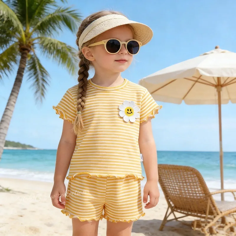 Girls Clothes Sets 2026 Summer Tops+shorts 2pcs Suits for Kids Children's Striped Sport Suits Casual Holiday Sets Baby Outfits