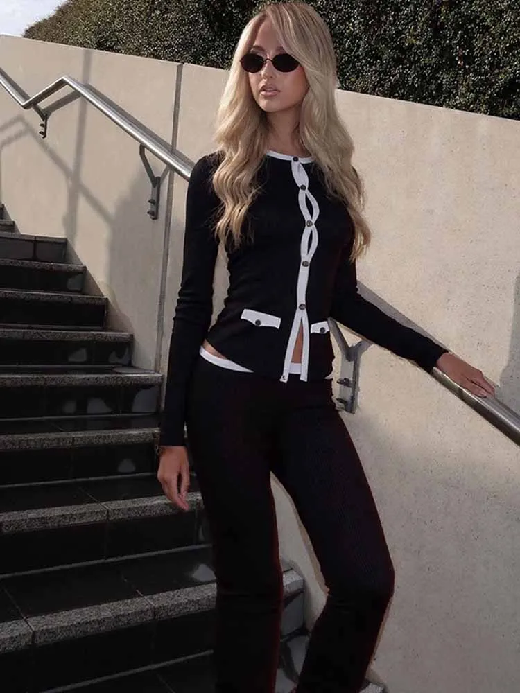 Mcdv moda retalhos 2 peça conjunto feminino manga longa único breasted cardigan topos calças queimadas casuais roupas diárias outono 2025