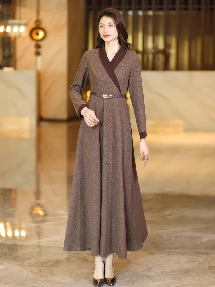 New Women Spring Autumn Long Dress Fashion V-Neck Long Sleeve Slim Waist Thick Dress Elegant High Waist Coffee Overlength Dress