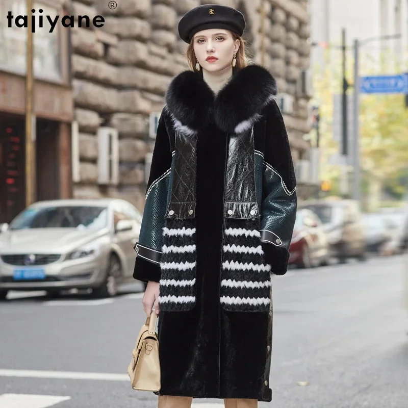 

Tajiyane Real Wool Fur Coat Women Hooded Fox Fur Collar Fashion Long Fur Jackets for Ladies Clothes Patchwork Mink Fur Outerwear