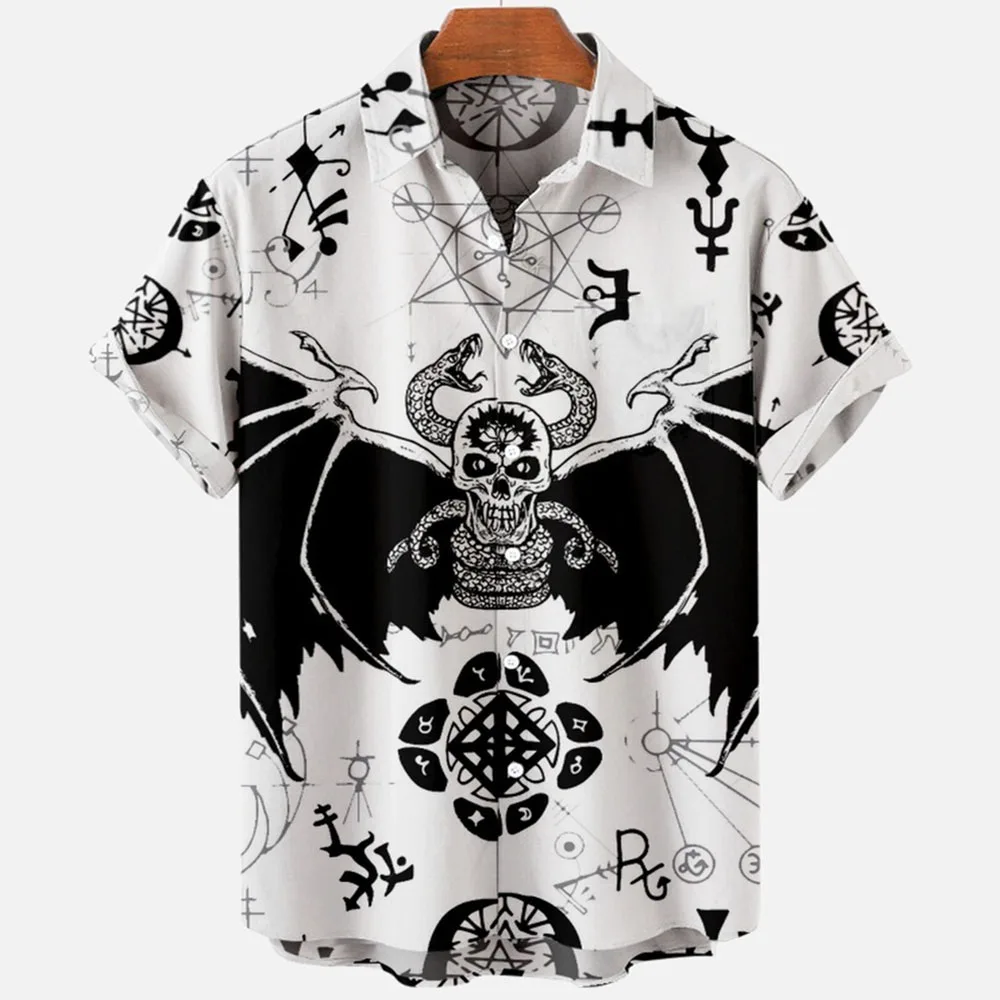 Horror diabo masculino camisa havaiana estampa em 3D, masculina com roupas soltas, respirável, manga curta, verão, 2024