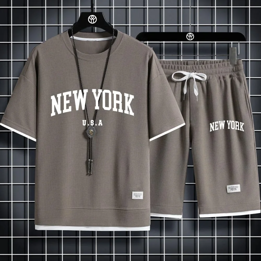 NEW YORK Letter U.S.A Shorts Set Gym Outfit Student Short Sleeve T-shirt 2 Piece Set Tracksuits Men Casual Men Clothing Joggers