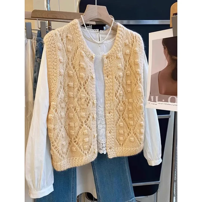 Sweet Women Round Neck Hollow Knit Vest Bobble Texture Sleeveless Button Knit Waistcoat