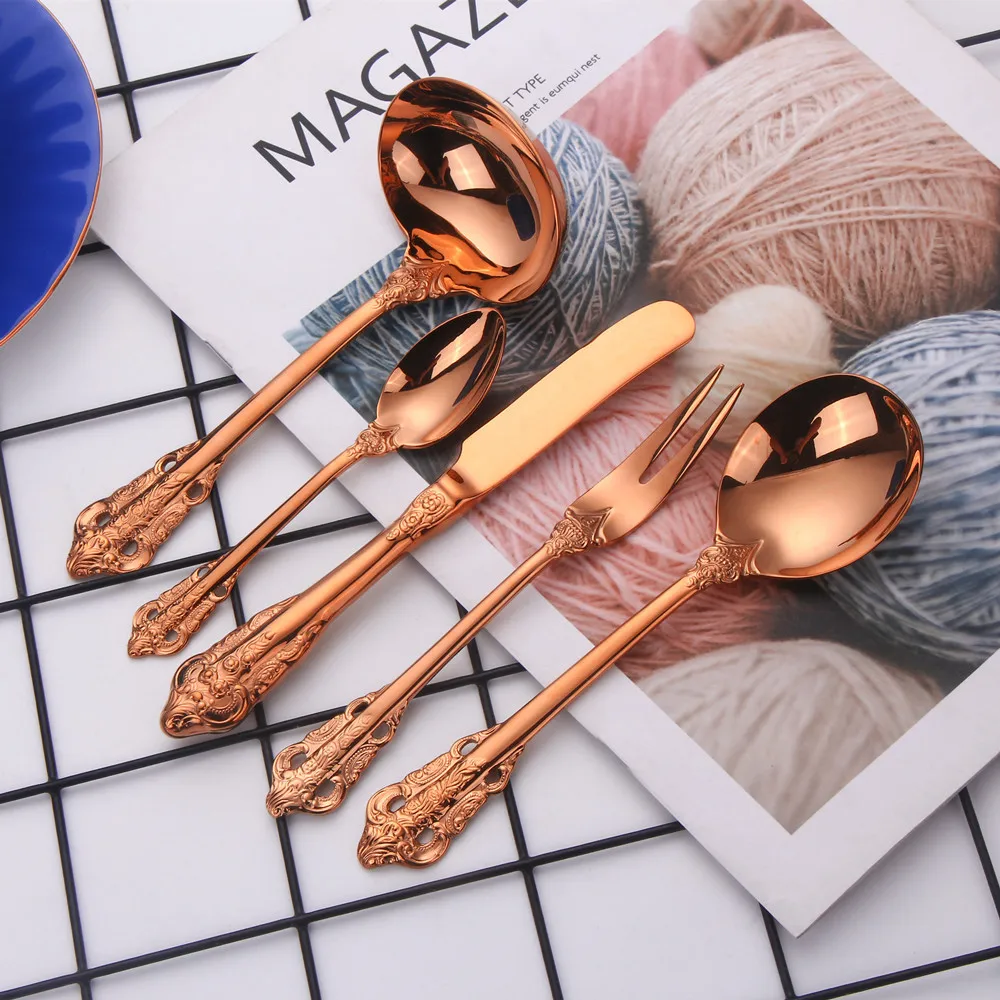 Rose Gold Flatware Set, Gorgeous Silverware, Glossy Hollow Handle, Hostess Serving Utensil, Copper Cutlery, Stainless Steel