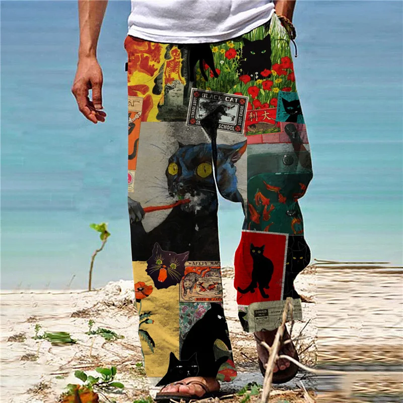 Calça de perna larga masculina, casual, calça de praia, feriado, estampada em 3D, moda verão