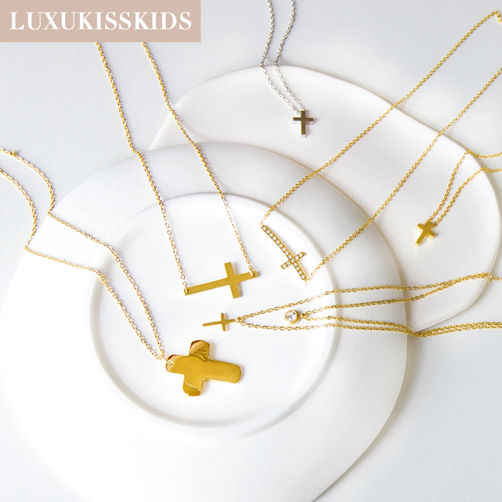 LUXUKISSKIDS Stainless Steel Rosary Cross Pendant Necklaces Christianity Jewelry Saver Collier For Woman/Man Gold Plated Color