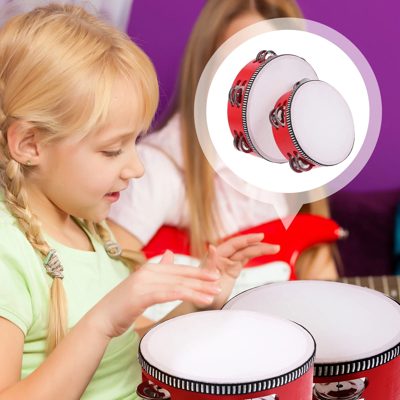 

2 Pcs Tambourine Toys Handheld Music Jingle Bells Red Instrument Musical Double Row Child